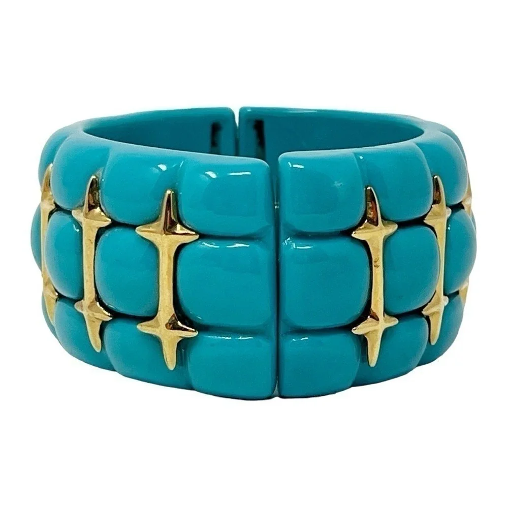 Wendy Williams Stretch Cuff Bracelet Turquoise Color Lucite Gold Tone Accents